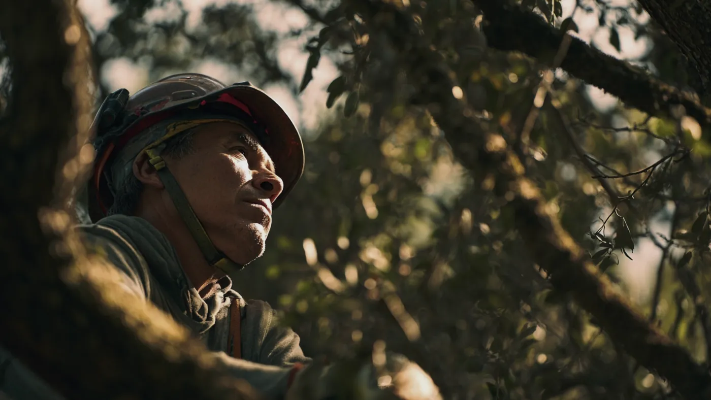 Arborist operating at height in a tree canopy